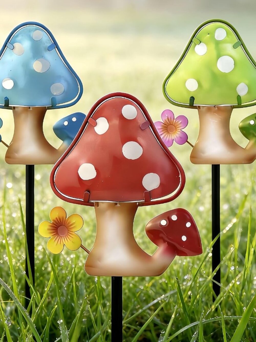 Mushroom Garden Stakes Set of 3 Metal Glass 10" Outdoor Yard Lawn Decor